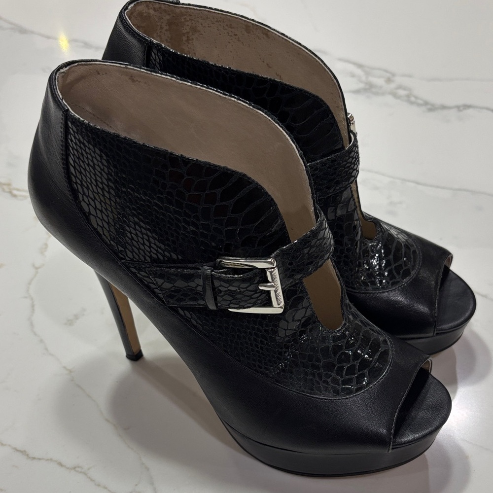 Black Peep-Toe Platform High Heel Booties with Buckle - Picture 3 of 14